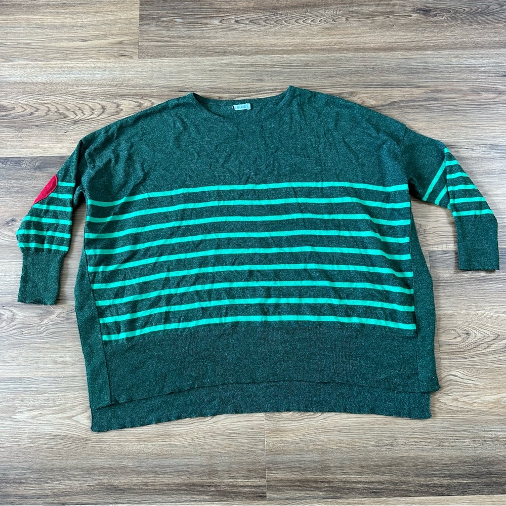 Mer Sea Amour Sweater Heart Patch Green Stripe Women’s One Size Dolman Oversized